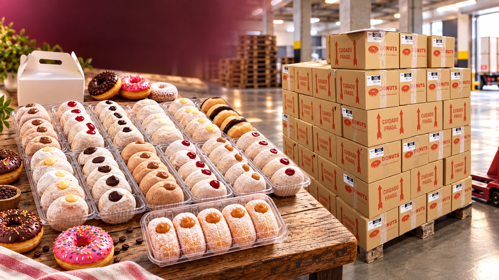 Donuts para revenda embalados ao lado de caixas de distribuição